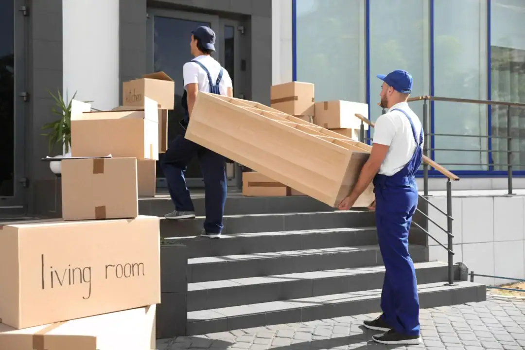 Movers carrying furniture into a building